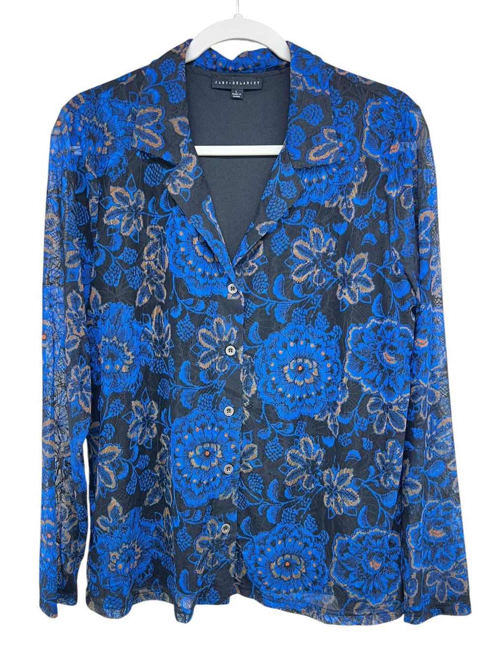 Jane + Delancey Black Blue Floral Lace Button Down Blouse Size Large